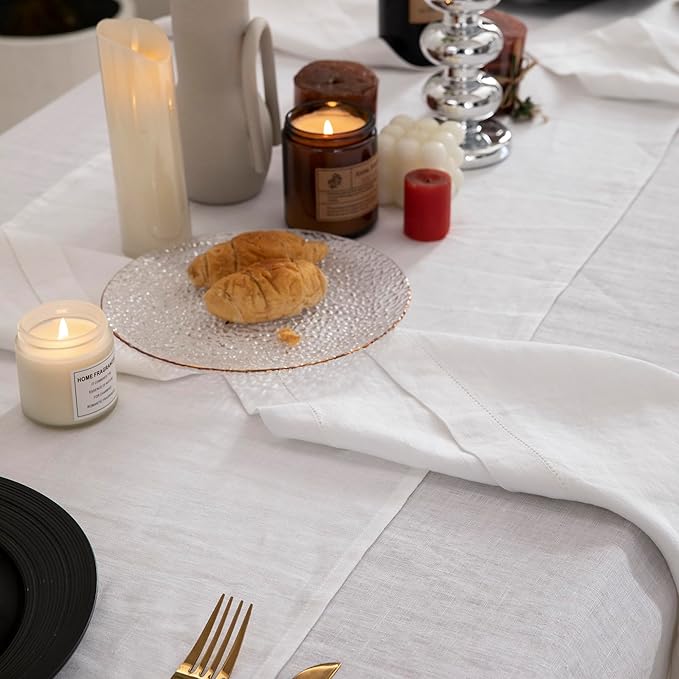 EVERLY Pure Linen Hemstitch Tablecloth,100% Stonewashed French Linen tablecloths for Kitchen Dining Rectangle Tables,60x108Inch Machine Washable Christmas Thanksgiving Organic Tablecloth-White