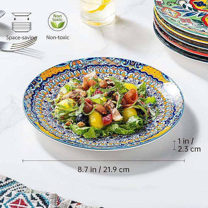 HENXFEN LEAD Ceramic Dessert, Salad Plates 8.5 Inch, Small Dinner Plate Set of 6- Serving Dishes for Thanksgiving & Christmas, Dishwasher & Microwave Safe - Bohemian Style
