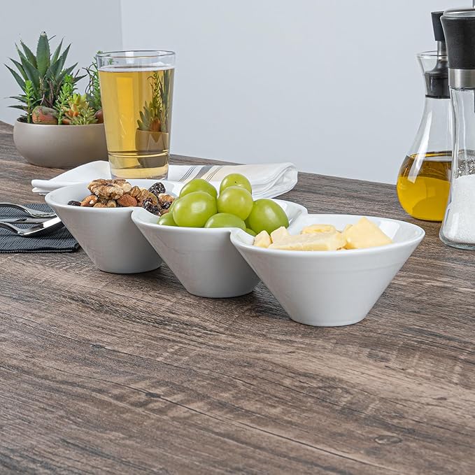 Restaurantware-13.4 x 4.9 x 2.3 Inch Triple Dip Bowls, 1 Microwavable Condiment Server - 3 Compartments, Microwavable, White Porcelain Dip Tray, Dishwashable, For Snacks, Condiments, Or Toppings