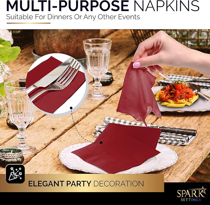 100 Pack Burgundy Beverage Napkins, Big Party Pack, 2 Ply, Ideal for Wedding, Party, Birthday, Dinner, Lunch, Cocktails. (5” x 5”) by Amcrate