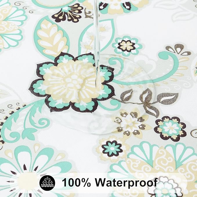 Smiry Rectangle Table Cloth Cover, Waterproof Elastic Fitted Picnic Tablecloth for 8 Foot Tables, Wipeable Flannel Backed Vinyl Tablecloths for Camping, Dining, Outdoor (Teal & White, 30" x 96")