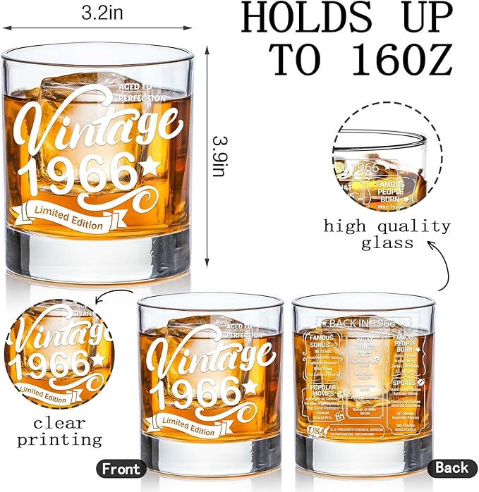 Old Fashioned Glasses-1966-Vintage 1966 old time information 10.25oz Whiskey Rocks Glass -60th Birthday Aged to Perfection - 60 years old gifts Bourbon Scotch Lowball Old Fashioned-1PACK