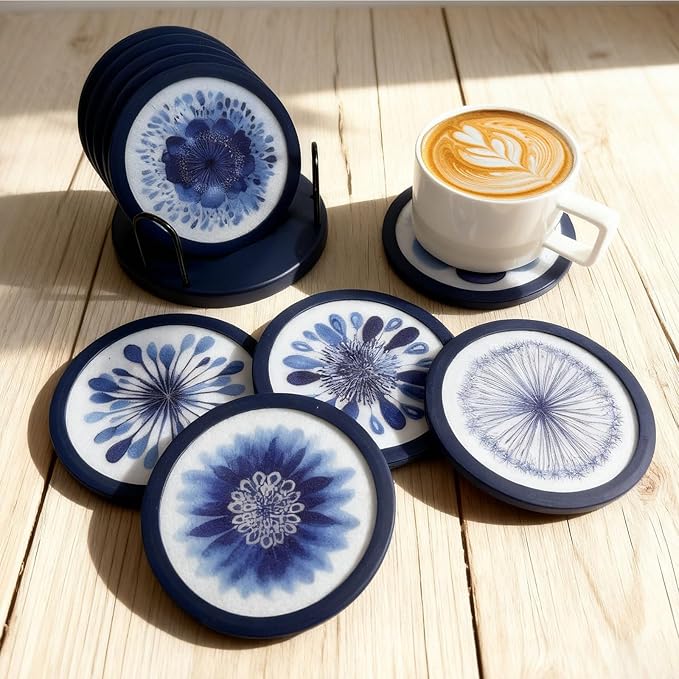 Indigo Floral Non-Slip Silicone Coasters, 4-Pack Double-Sided Absorbent Cup Mats for Hot & Cold Drinks, Scratch & Water Ring Protection for Wood Tables, Home Office Bar Use (6PC)