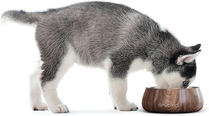 Sipworks Stainless Steel Dog Bowl – 32oz Weighted Metal Food and Water Bowls for Dogs and Cats with Non-Slip Base - Pet Bowls for All Breeds Sizes for Travel & Outdoor Play | Denim