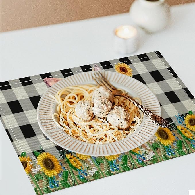 Rustic Pig Placemat Set, Vintage Farmhouse Cute Animal Sunflower Floral Black White Plaid Blue Bowknot Pattern Home Decor Table Mats for Dining Room Kitchen Party (17x12in) x6P