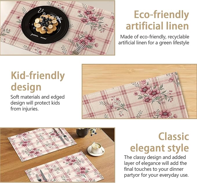 Colorful Floral Spring Plastic Placemats Set of 6 Cute Flowers Pink Place Mats Washable Kitchen Dining Linen Table Mats Stain Heat, for Home Party Indoor 12x18 in