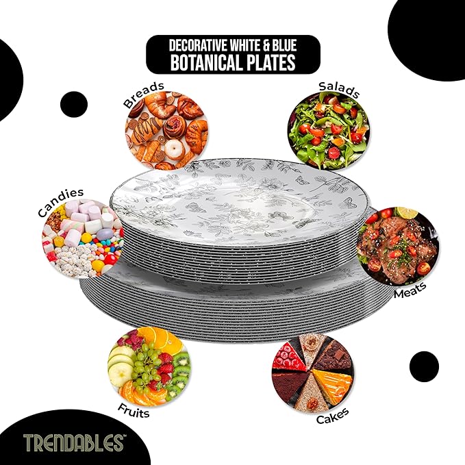Trendables Disposable Plates For Party Supplies | Black Floral Plastic Plates For Wedding 80 Pcs - 40 X 8 & 40 X 10 Dinner Plate Sets | Floral Plate Set Disposable Plastic Dinnerware Sets