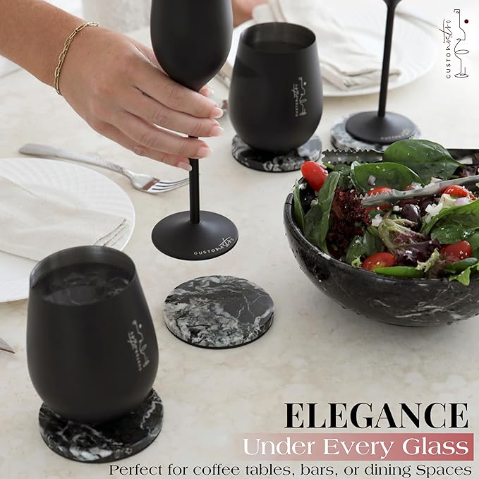 Gusto Nostro Black Marble Coasters Set of 6 with Non-Slip Backing - Luxury Natural Stone Coasters for Drinks - Genuine Marble Kitchen Accessories, Round Stone Coaster for Kitchen Counter, Coffee Table