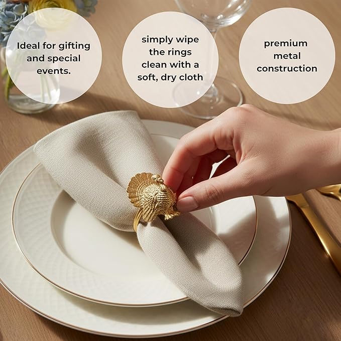 Napkin Rings Set of 12, Metal Napkin Holder Cuffs for Dinner Table Décor, Thanksgiving Turkey Bird Farmhouse Modern Serviette Rings for Christmas, Weddings, Receptions, Gold - CLEENTABLE