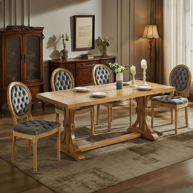 SoarFlash French Velvet Dining Chairs Set of 6, Vantage Dining Chair with Round Back, Wood Leg Farmhouse Country Dining Chair for Kitchen,Bedroom,Grey