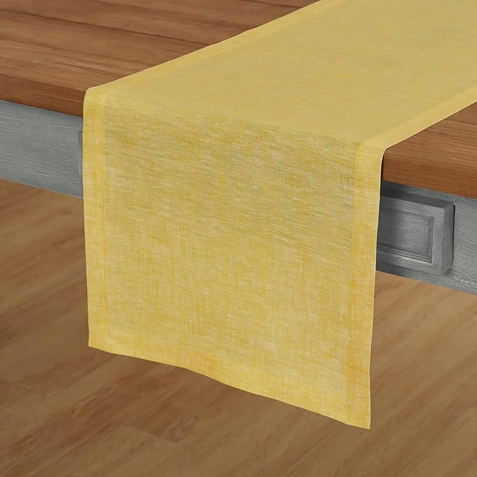 Solino Home Linen Table Runner 132 Inches Long - Athena, 100% Pure Linen Chambray Lemon Yellow Table Runner 14 x 132 Inch for Dining, Spring, Easter