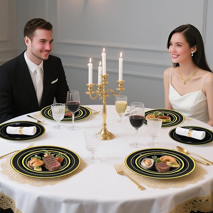 100 PCS Black and Gold Plastic Plates,Disposable Party Black Plates Include 50 10 inch Dinner Plate and 50 7 inch Dessert Plate,Gold Rimmed plates Perfect for Party Holiday,Birthday