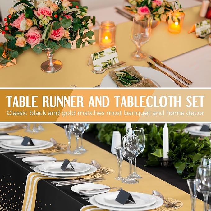Breling 8 Pack New Year Black and Gold Disposable Plastic Tablecloths and Satin Table Runner Set, 54 x 108 Inch Tablecloth, 12 x 108 Inch Table Runners for Wedding Graduation Birthday Baby Shower
