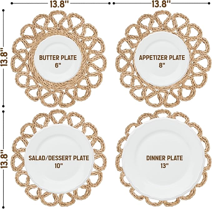 13.8" Corn Husk Woven Round Placemats Set of 4 - Wicker Boho Farmhouse Placemats - Rattan Table Mats Like Water Hyacinth for Dining Table, Wedding, Home, Christmas, Party