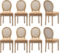 Vintage French Rattan Dining Chairs Set of 8, Round Back Accent Chairs with Rattan Backrest and Upholstered Linen Seat, Solid Wood Frame Sillas de Comedor for Dining Room & Kitchen, Camel