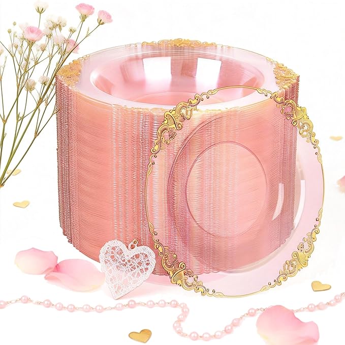 100PCS Clear Pink Plastic Bowls - 12 oz Pink Gold Disposable Salad Bowls - Heavy Duty Disposable Soup Bowl - Fancy Plastic Ice Cream Bowl for Weddings Valentine's Day Parties Dinners Picnics