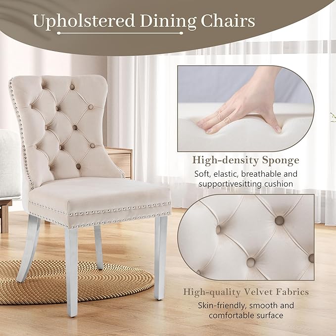 KCC Velvet Dining Chairs Set of 4, Upholstered High-end Tufted Dining Room Chair with Nailhead Back Ring Pull Trim Stainless Steel Legs, Contemporary Nikki Collection Modern Style for Kitchen, Beige
