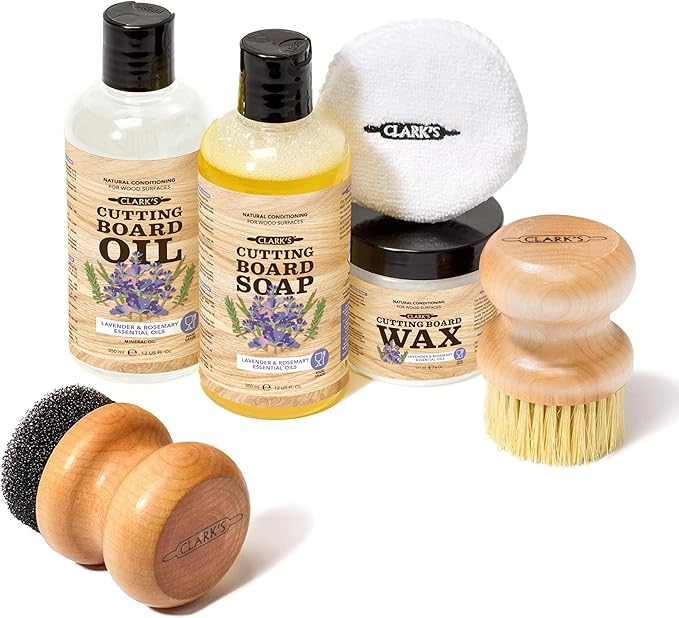 CLARK'S Cutting Board Care Kit - Includes Mineral Oil - Finishing Wax (6oz) - Applicator - Scrub Brush - Buffing Pad - Infused with Lavender and Rosemary Extract - Features Clark's Cutting Board Wax