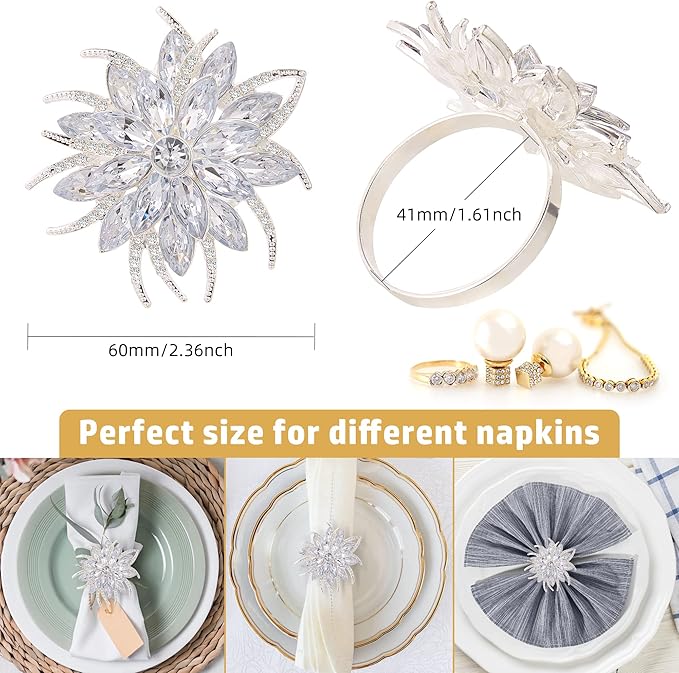 ZeeDix Christmas Flower Napkin Rings Set of 6, Silver Lotus Elegant Rhinestone Napkin Ring Serviette Buckles Holder for Wedding Birthday Christmas Holiday Party Home Kitchen Dinner Table Decoration