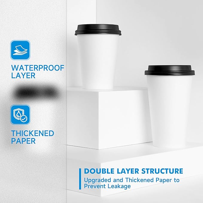 RACETOP Coffee Cups with Lids 16 oz 100 Pack, Disposable Paper Cups with Lids, To Go Hot Cups for Home/Office