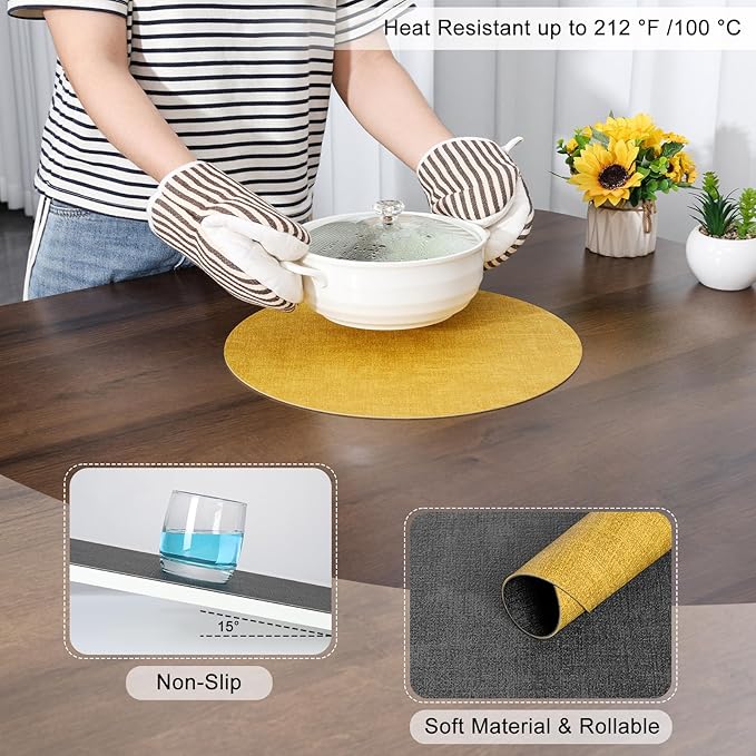 Myir JUN Round Placemats, Dual Sided Faux Leather Place Mats Set of 4 Indoor/Outdoor Non-Slip Washable Table Mats (Gray Yellow)