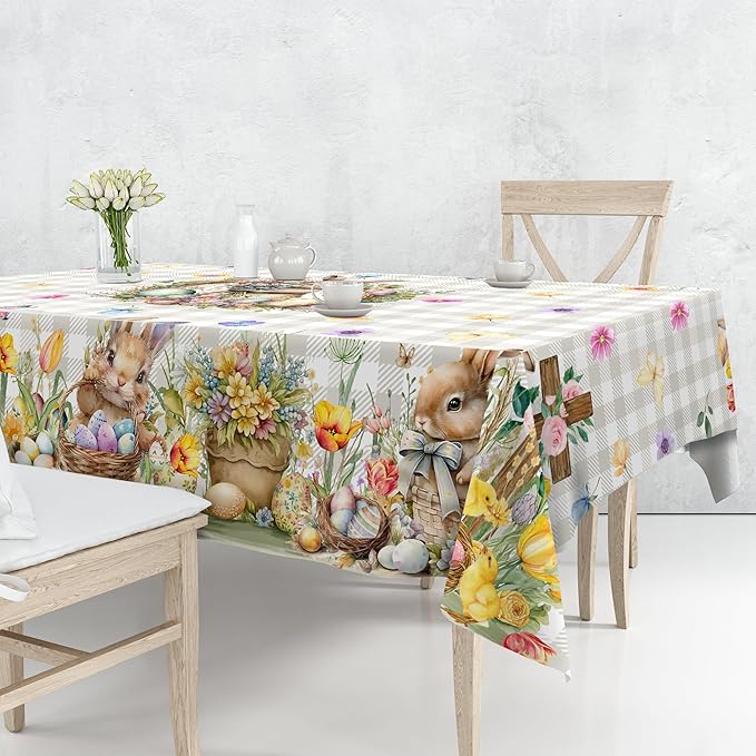 Easter Tablecloth Round 70 Inch, Easter Bunny Table Cloth Buffalo Check Plaid Kitchen Table Cover for Dining Room Spring Round Tablecloth Indoor Decor