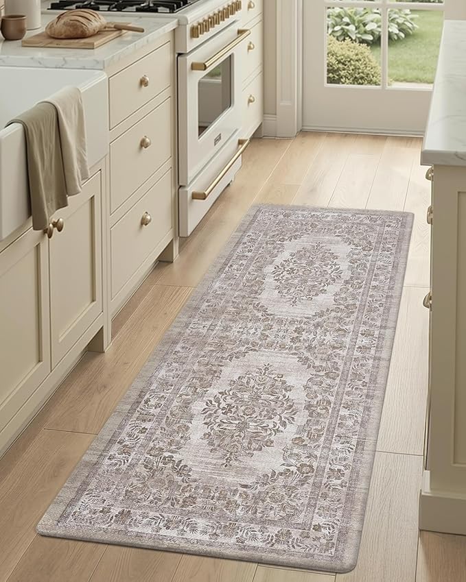 Color&Geometry Anti Fatigue Kitchen Mats for Floor 24x59, Vintage Decor, Easy Clean, Waterproof & Oil Proof, 0.4" Thick Cushioned, Non-Slip Kitchen Runner Rug for Sink, Laundry, Office, Khaki