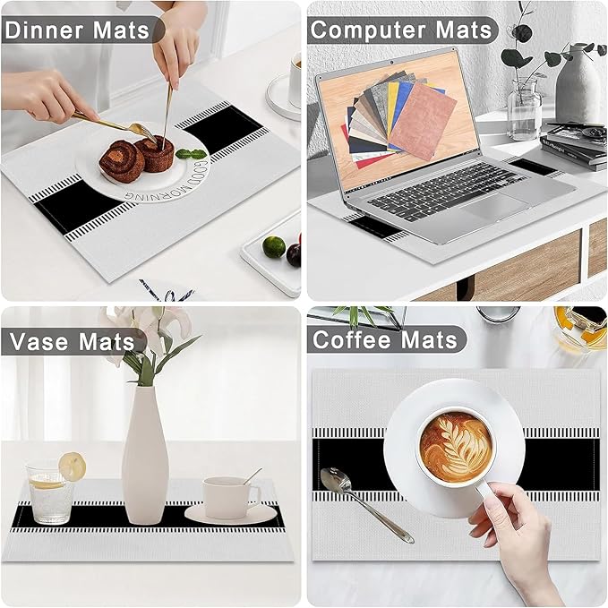 CSFOTO Modern Minimalist Line Decorative Placemats Set of 4 Heat-Resistant Non-Slip Black and White Linen Place Mats for Dining Table 18"x12" Washable