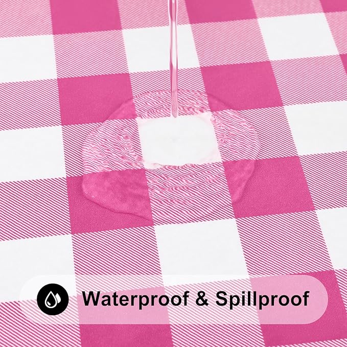 Smiry Rectangle Picnic Table Cloth, Elastic Waterproof Fitted Vinyl Tablecloths, Flannel Backed Buffalo Plaid Table Covers for Dining, Camping, Outdoor (Hot Pink and White, 30" x 60")