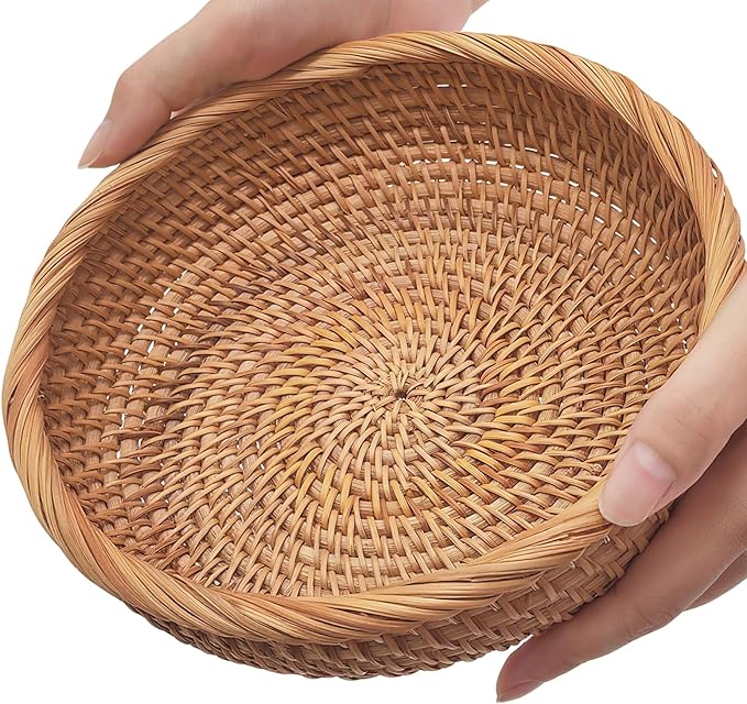 8" Round Small Wicker Basket, Artisanal Key Bowl for Entryway Table, Decorative Bowl for Kitchen Counter, Bedside, Living Room, Natural Woven Fruit Bowl, Purse Bowl, Rattan Bread Basket