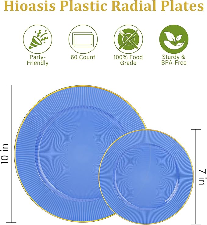 Hioasis 60pcs Blue Gold Plastic Plates - Gold Disposable Dinnerware Set, 30pcs Dinner 10.25in & 30pcs dessert 7.5in plates with striped designs for party & wedding