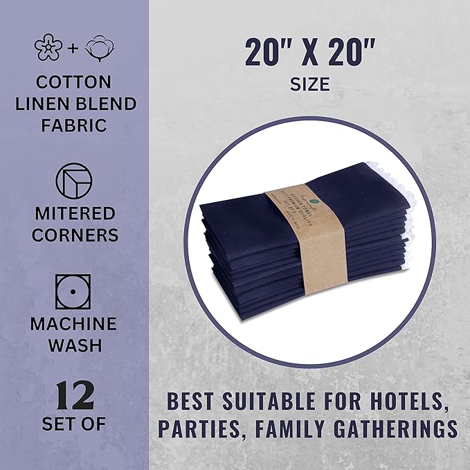 Fingercraft Dinner Cloth Napkin Cotton Linen Set of 12 Mitered Corners with Natural Elegant Lace for Everyday Use Napkins are Pre Shrunk and Good Absorbency with Lace 20x20 in Navy