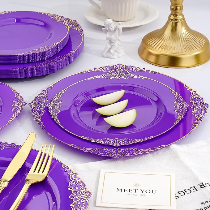 350 PCS Purple and Gold Plastic Plates, Plastic Dinnerware Set for 50 Guests, 100 Disposable Plates, 150 Silverwares, 50 Cups, 50 Napkins for Party, Wedding, Graduation