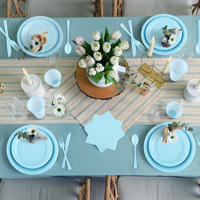 Kochorie 480 Pieces Light Blue Plastic Dinnerware Set Disposable Heavy Duty Plates Napkins Cups Silverware Dessert Dinner Plates for Birthday Wedding Baby Shower Party Supplies, Serves 60 Guests