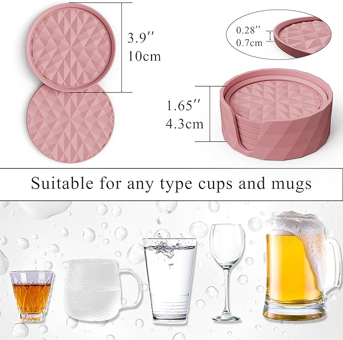 Silicone Coasters for Drinks[6 Pack, Soft Pink] Diamond Design Cup Mat with Holder for Tabletop Protection Non Slip, Non Stick, Coffee Table Decor, Great Gift for Any Occasion
