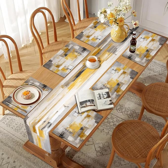 Mcalk Yellow Table Runner and Placemats Set of 6, Abstract Grey Placemats, Modern Cloth Place Mats Indoor for Kitchen,Washable Linen Material for Dining Table