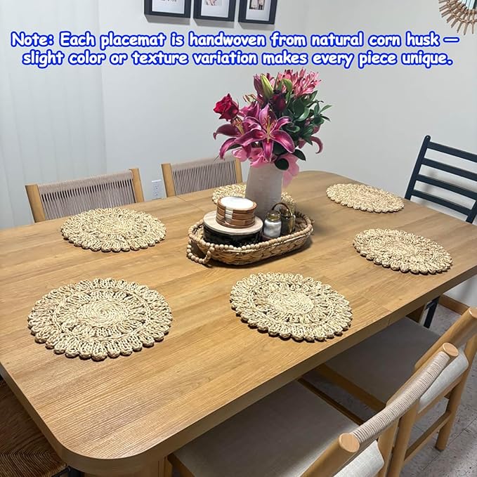 13.8" Round Corn Husk Placemats | Boho Woven Rattan Table Mats | Natural Spring Farmhouse Plate Chargers | Handmade Rustic Wicker Place Mats for Christmas Wedding (Set of 8)