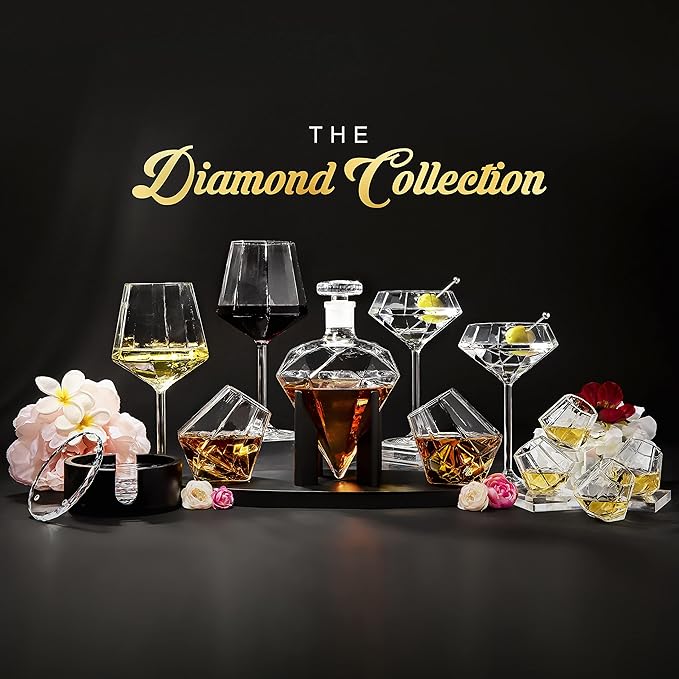 Dragon Glassware Crystal Coasters - Clear Glass Coasters for Drinks Set of 4 - Barware for Coffee Table - Diamond Coaster Set with Holder