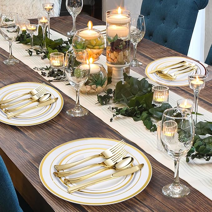 Bestvip 150PCS Gold Plastic Plate Set (25 Guests), Plastic Plates for Party Wedding Birthday, Disposable Dinnerware Set of 50 Plastic Plates, 50 Forks, 25 Spoons, 25 Knives