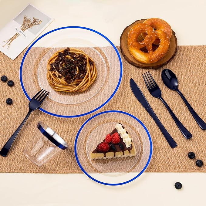 BESTSTAR 200PCS Blue and Clear Plastic Plates, Blue Disposable Plate Set with 100 Dinner Plate and 100 Dessert Plates for Party, National Day