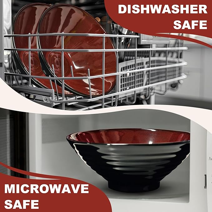 9.4-Inch 2 Sets Ceramic Ramen Bowl (8 Piece) - Japanese Porcelain Dishwasher Microwave Safe Salad Noodles Cereal Pasta Soup Large Bowls with Chopsticks Forks Spoons for Men Women Housewarming Gift