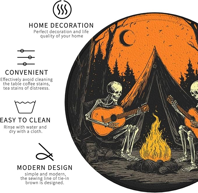 Halloween Skull Coasters Leather Round Drink Coasters 6 Pcs Set with Holderor for Cup Drink Coffee Table Bar Home Decor