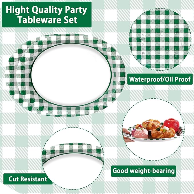 50Pcs Spring Gingham Oval Paper Plates 10" x 12" Large Disposable Heavy Duty Green White Buffalo Checked Plaid Dessert Platters Plates for Spring Birthday Picnic BBQ Party Supplies