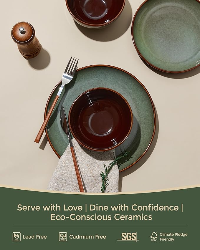 24 Piece Double Bowl Dinnerware Sets with Pasta Bowls, Highly Chip and Crack Resistant Plates and Bowls Sets, Natural Earthyware Ceramic Dishware Sets, Service for 6 Sage Green
