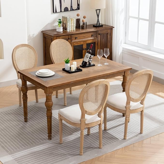Ball & Cast French Vintage Upholstered Dining Chairs Set of 2, Antique Painting Wooden Kitchen Side-Chairs with Rattan Back & Carved Solid Wood Frame, 2-Piece Curved Backrest Louis Chair, Beige