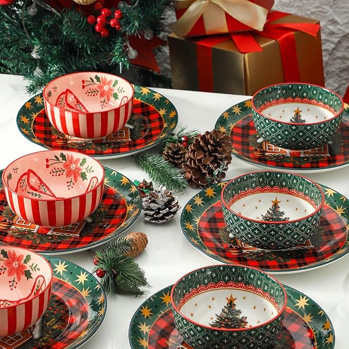 Ceramic Dinner Plates Set of 6,Stoneware 10 Inch,Microwave,Dishwasher and Oven Safe,Porcelain Dessert Plates for Steak,Dishes Set for Kitchen,New Year Gift,Scratch Resistant,Christmas