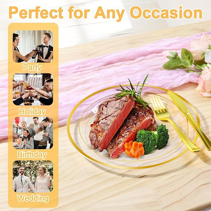 60 PCS Clear Gold Plastic Plates, Disposable Party Plates Include 30 Dinner Plate and 30 Dessert Plate Perfect for Holiday, Birthday, Wedding & Party
