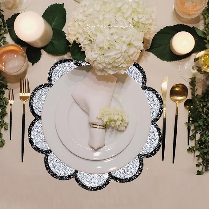 Washable Waterproof Diamond Circle Placemats for Round Tablescape Decor for Dinner and Kitchen Bling Placemats for Weddings & Special Events (Silver and Black)