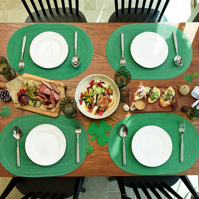 Noctiflorous Oval Braided Placemats Set of 6 Woven 12x18 Inch Non Slip Washable Heat Resistant Place Mats Round Tablemats for Dining Kitchen Party Daily Table Decor Dinner Mats (Green Shine, 6)