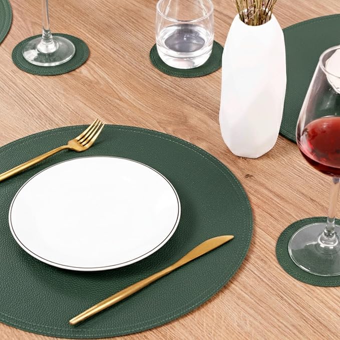 Jovono Faux Leather Round Placemats and Coasters, Wipeable Table Mats, Easy to Clean, Double Stitched for Kitchen Dining Table, Party, Restaurant, Diameter 13'' and 3.9'', Green